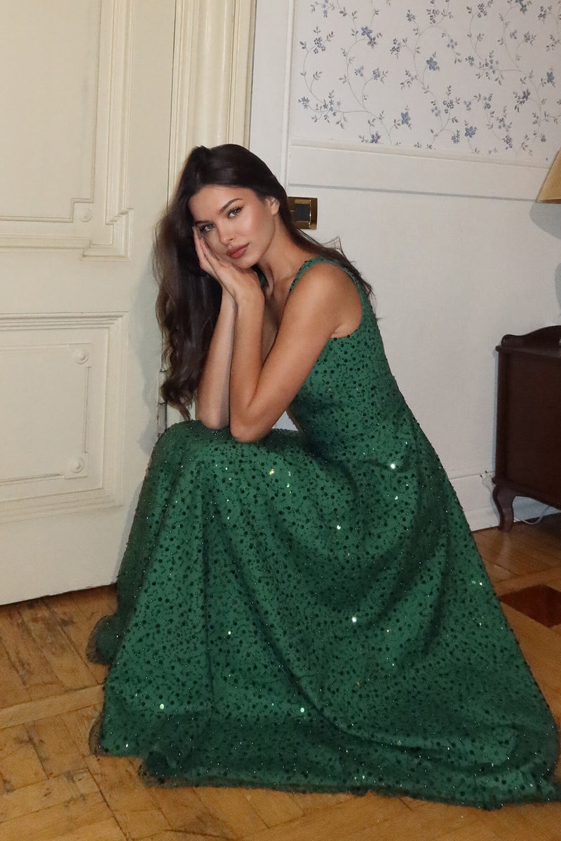 Embellished Midi Dress with Sequins and Beads XS / Emerald Embellished Midi Dress with Sequins and Beads XS / Emerald