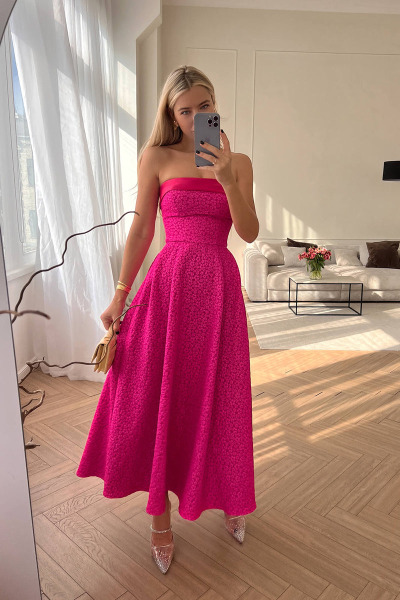 satin jacquard midi dress Jacquard Midi Dress with Satin Turn-up XS / Fuchsia