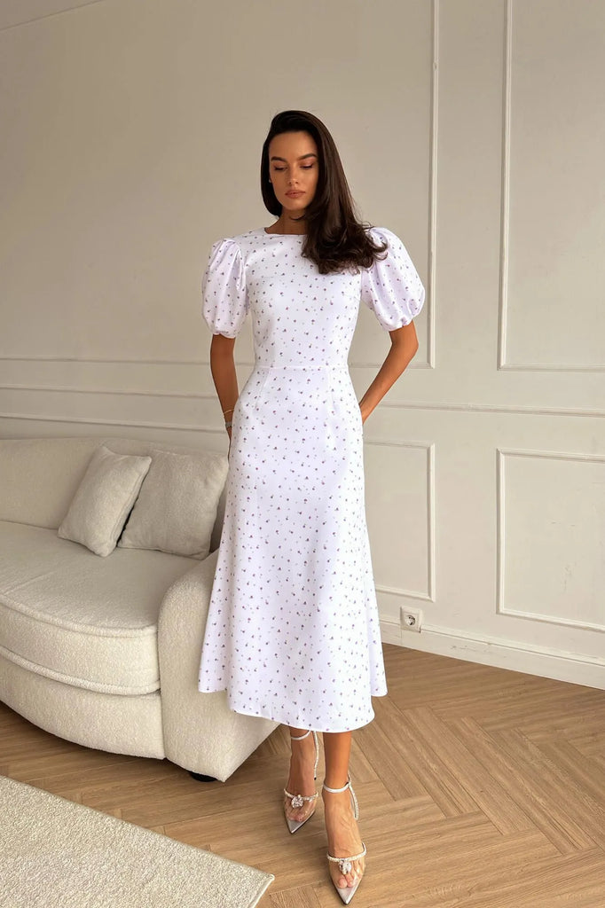Puff Sleeve Floral Midi Dress - POST MERIDIEM