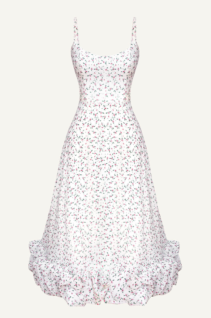 Floral Flounce Bustier Midi Dress - POST MERIDIEM