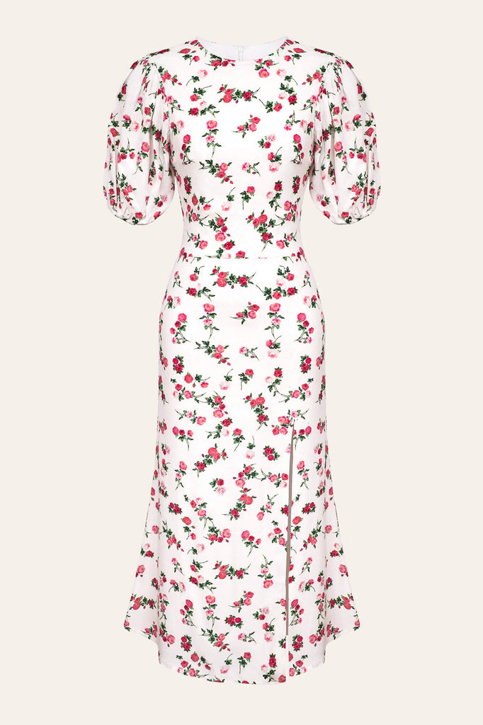 Viscose Puff Sleeve Slit Midi Dress - POST MERIDIEM