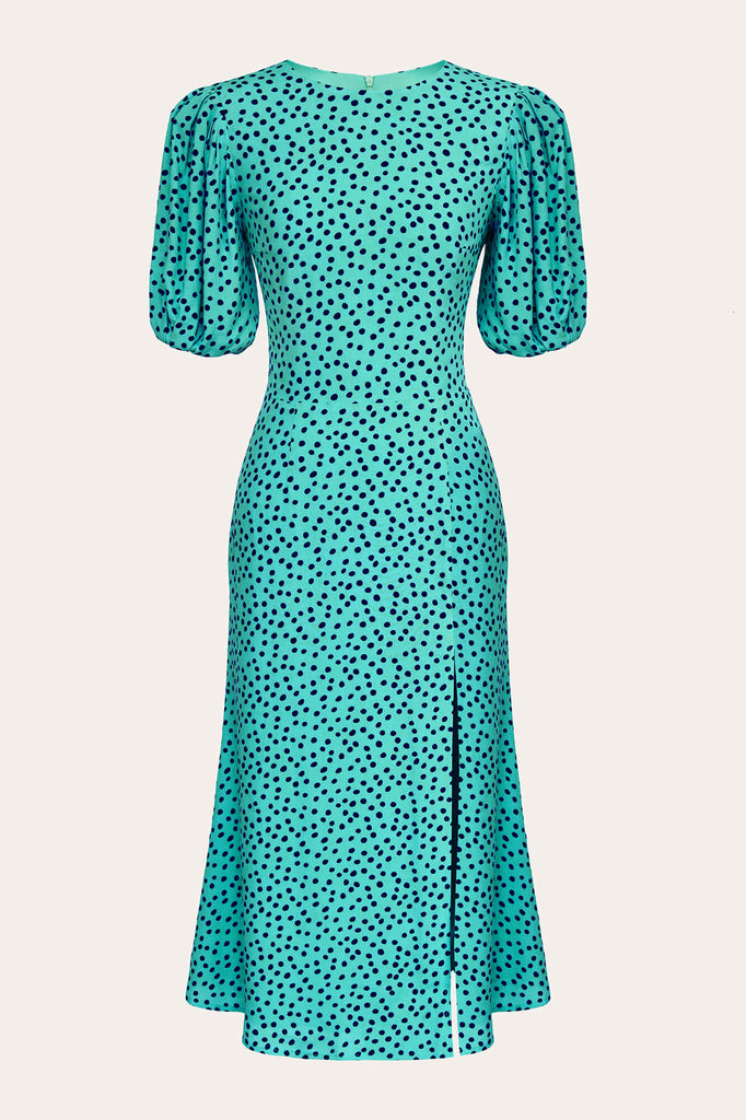 Viscose Puff Sleeve Slit Midi Dress - POST MERIDIEM