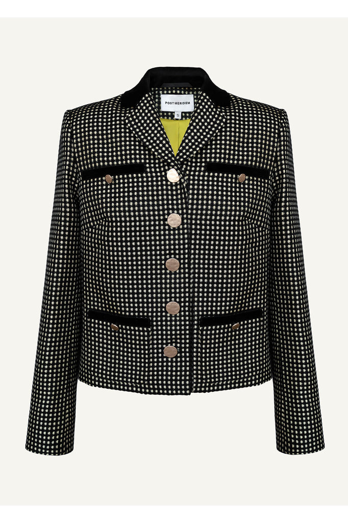 Single Breasted Velvet Trim Plaid Jacket - POST MERIDIEM