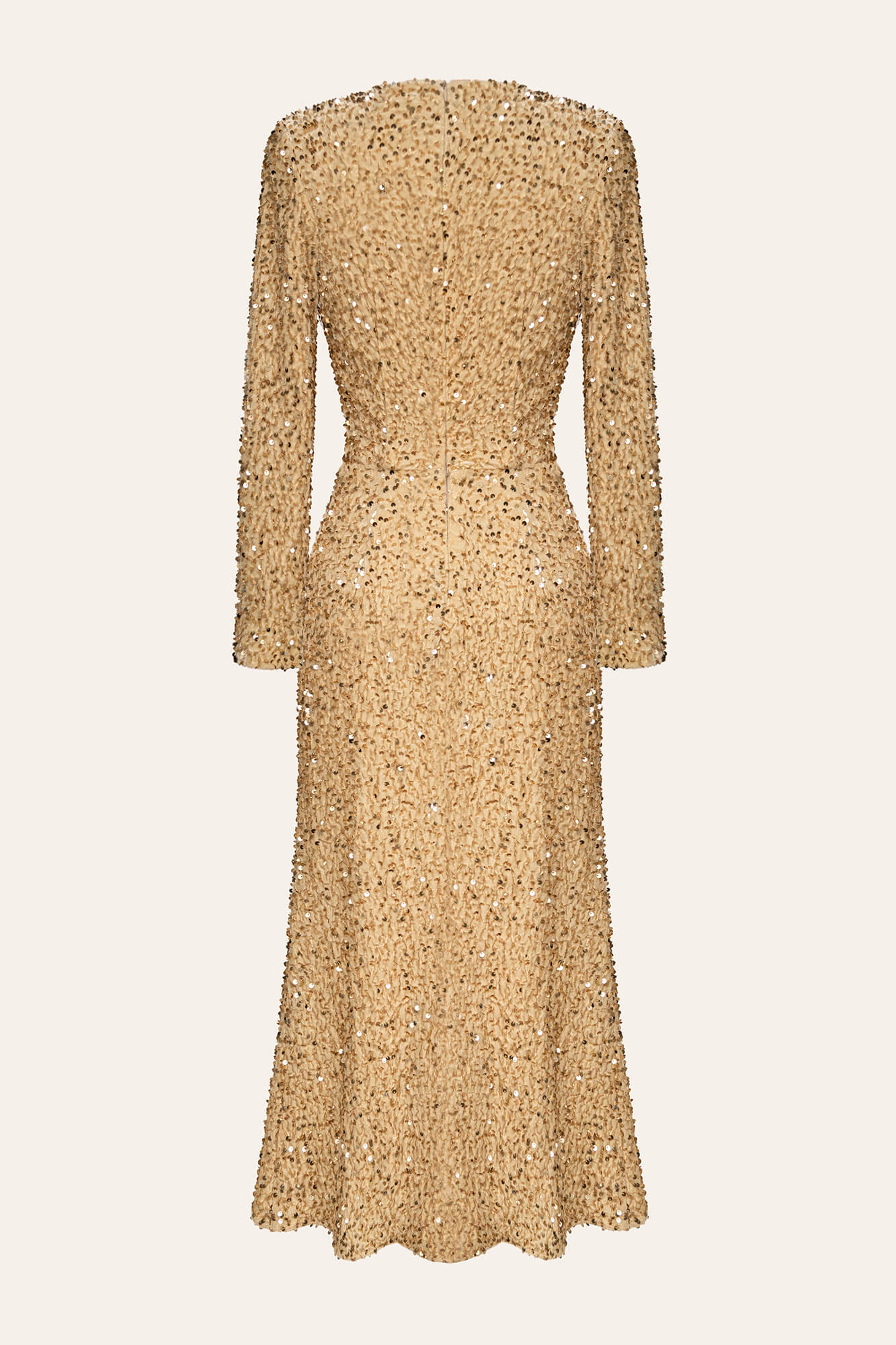 gold sequin long sleeve wrap dress Sequin Decorated Velvet Long Sleeve Midi Dress XS / Beige