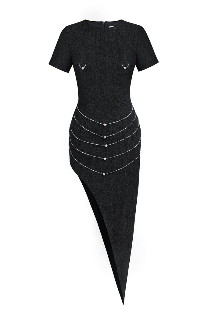 Short Sleeve Side Slit Asymmetric Midi Dress - POST MERIDIEM