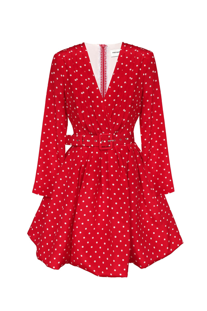 Long Sleeve Pleated Bodice Mini Belted Dress - POST MERIDIEM