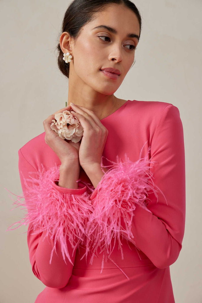 Wrap Feather Sleeve Midi Dress - POST MERIDIEM