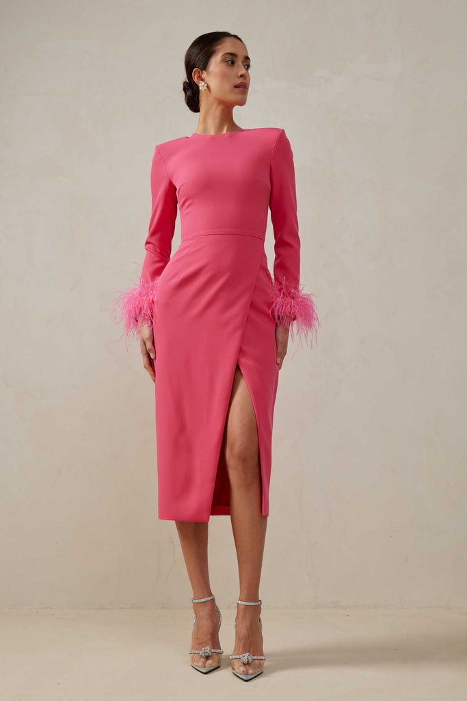 Wrap Feather Sleeve Midi Dress - POST MERIDIEM