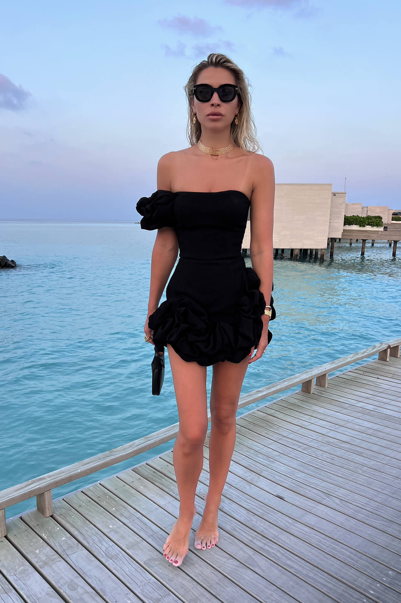 Flounced Bottom One Shoulder Bustier Dress M / Black