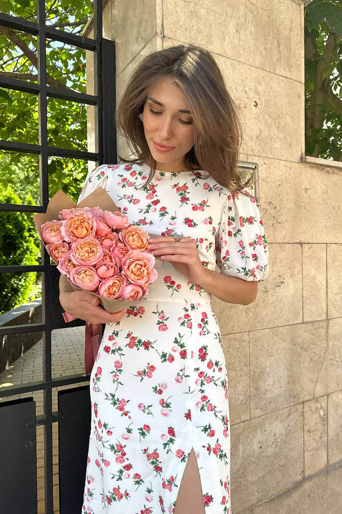 Viscose Puff Sleeve Slit Midi Dress - POST MERIDIEM