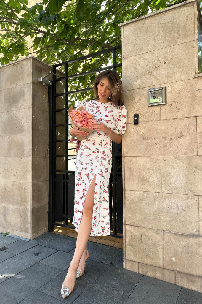 Viscose Puff Sleeve Slit Midi Dress - POST MERIDIEM