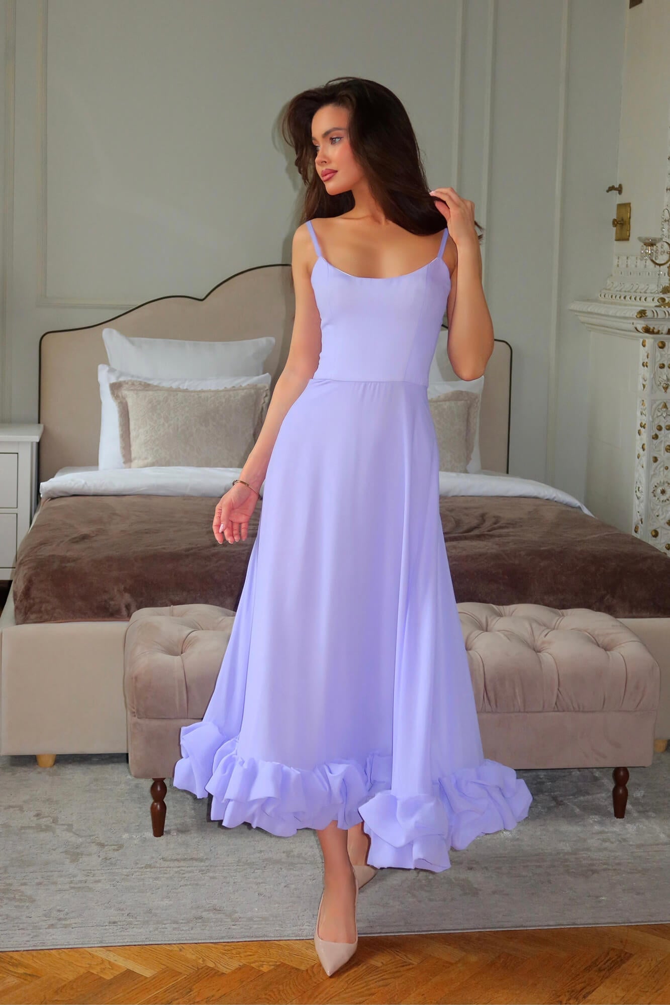 Flounce Bustier Midi Dress POST MERIDIEM Flounce Bustier Midi Dress POST MERIDIEM