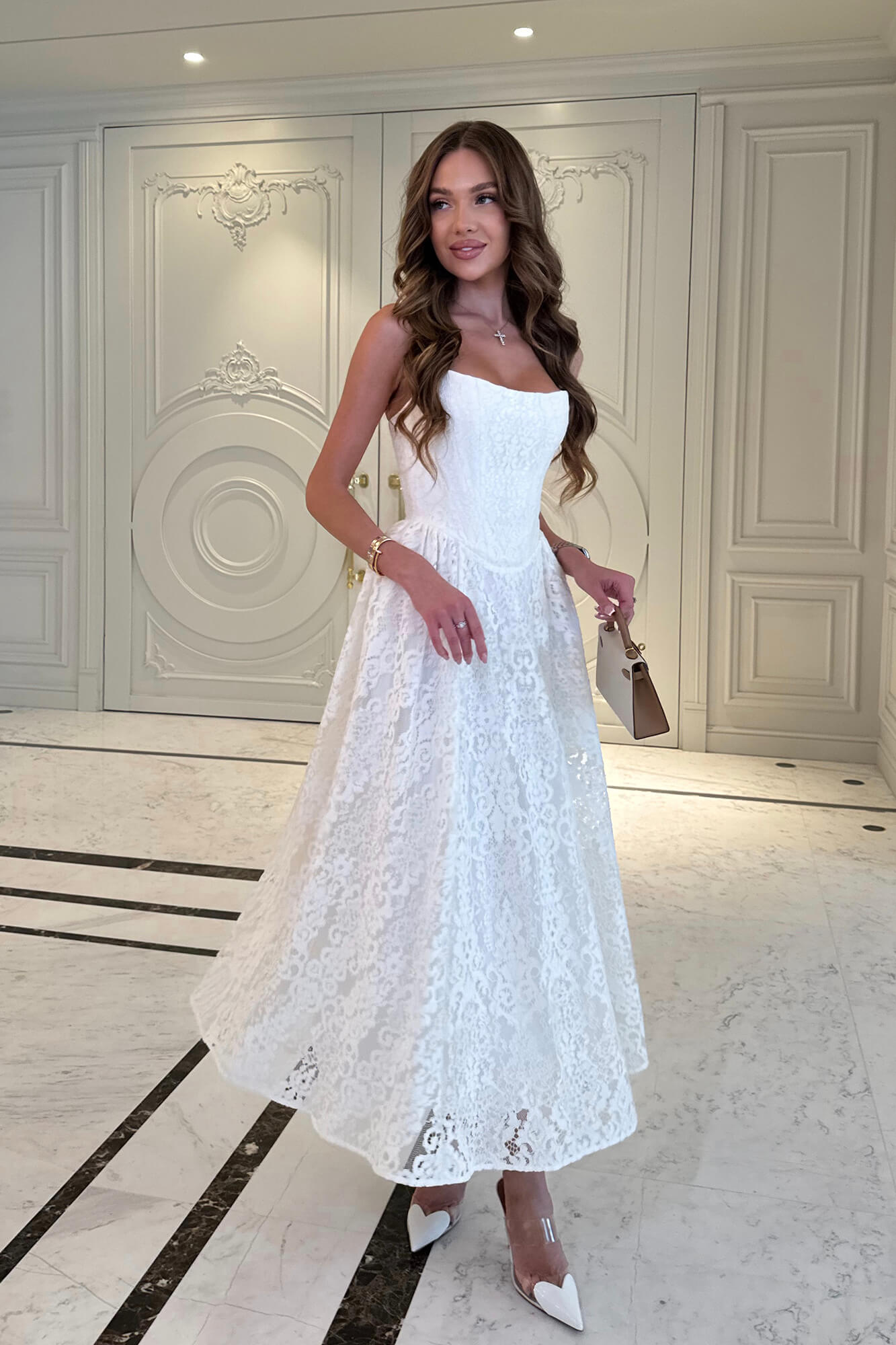 Lace Corset Midi Dress with Textured Details S / Ivory