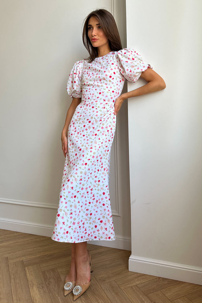 Puff Sleeve Printed Midi Dress - POST MERIDIEM