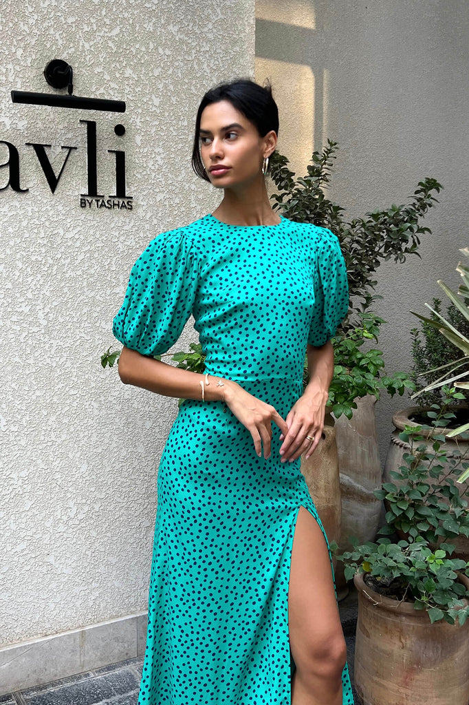 Viscose Puff Sleeve Slit Midi Dress - POST MERIDIEM