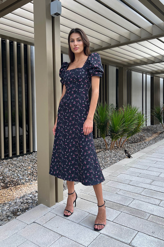 Godet Silhouette Square Neck Midi Dress - POST MERIDIEM