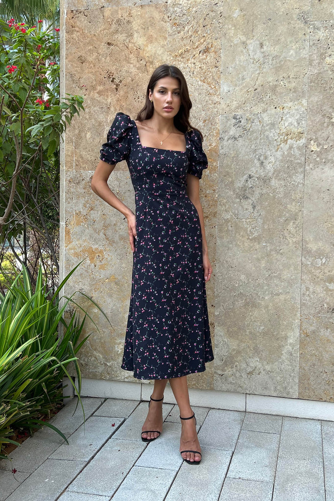 Godet Silhouette Square Neck Midi Dress - POST MERIDIEM