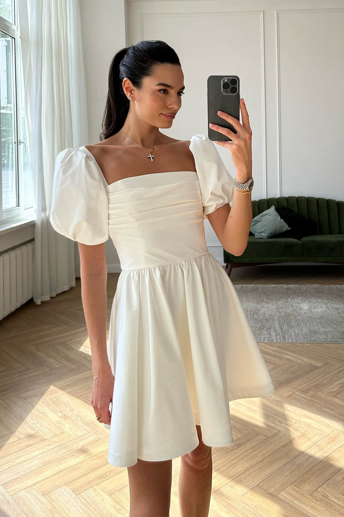 Puffy Sleeve Draped Bodice Mini Dress - POST MERIDIEM