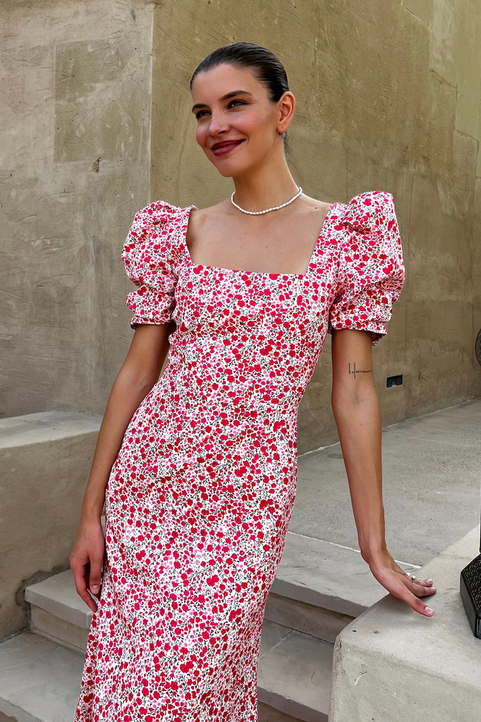 Godet Silhouette Square Neck Midi Dress - POST MERIDIEM