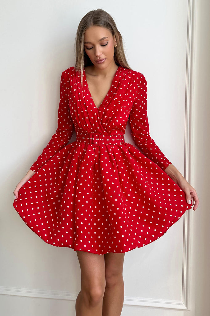 Long Sleeve Pleated Bodice Mini Belted Dress - POST MERIDIEM