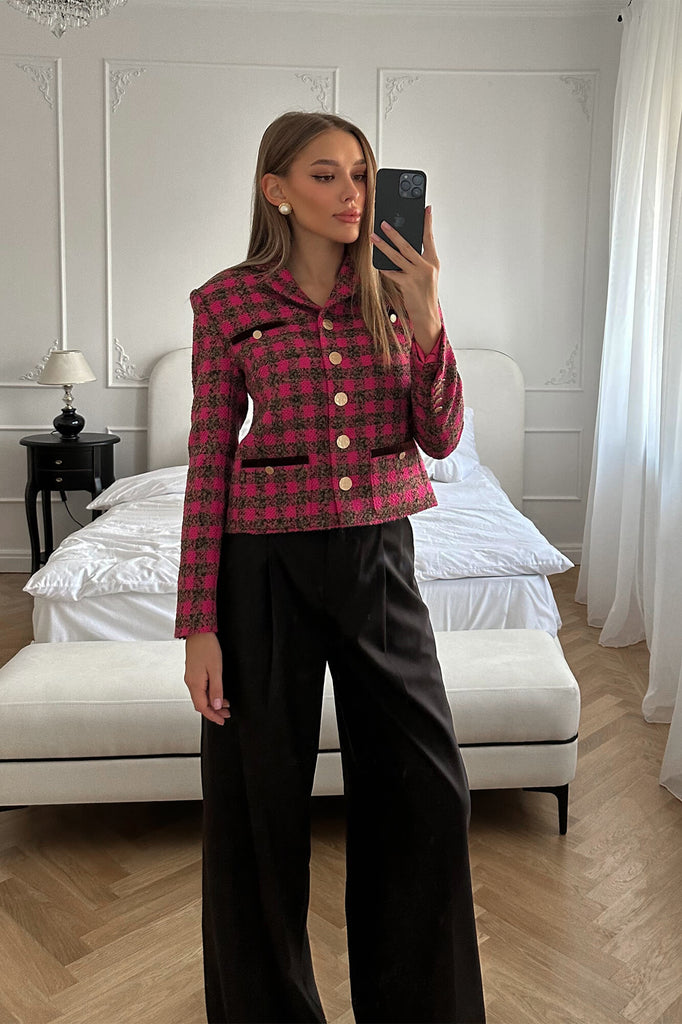 Single Breasted Velvet Trim Plaid Jacket - POST MERIDIEM