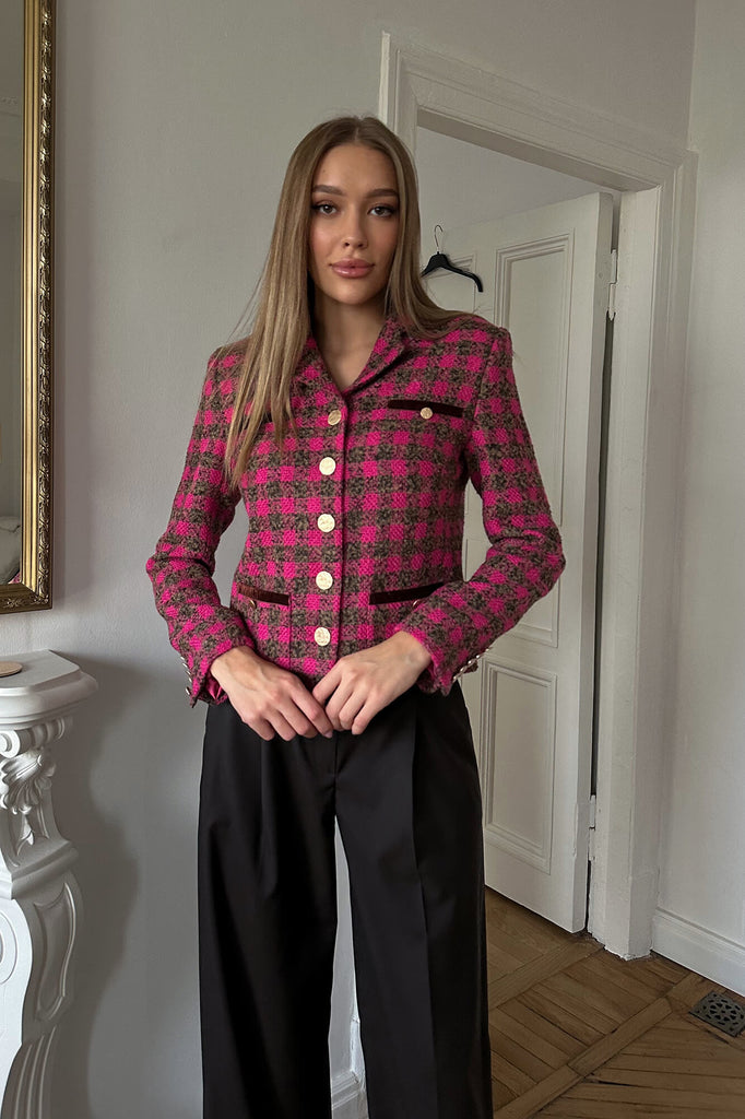 Single Breasted Velvet Trim Plaid Jacket - POST MERIDIEM