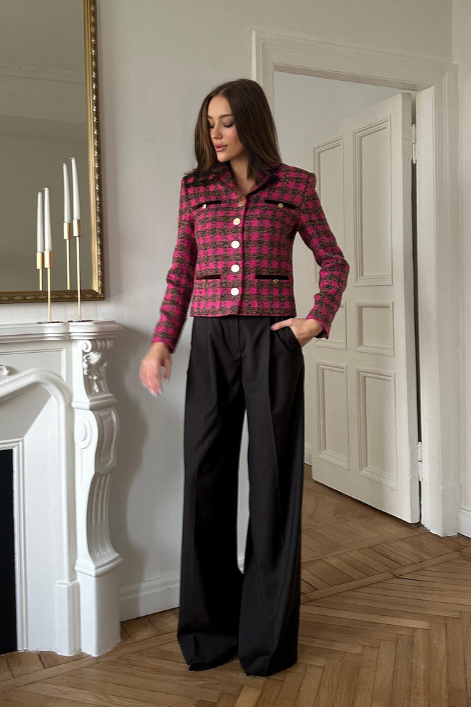 Single Breasted Velvet Trim Plaid Jacket - POST MERIDIEM