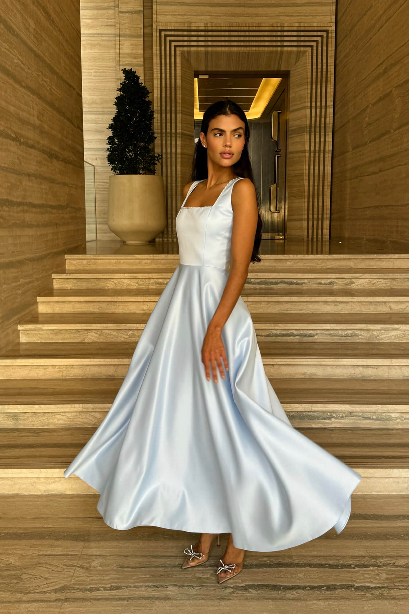 knee length dresses for ladies Strap Decorated Bodice Midi Dress – POST MERIDIEM