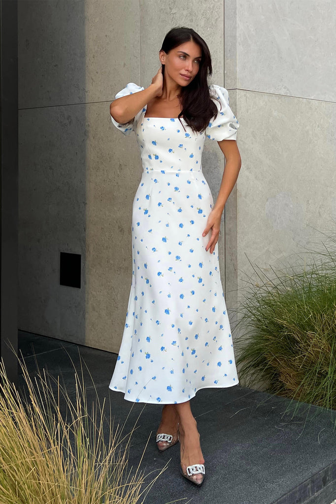 Godet Silhouette Square Neck Midi Dress - POST MERIDIEM