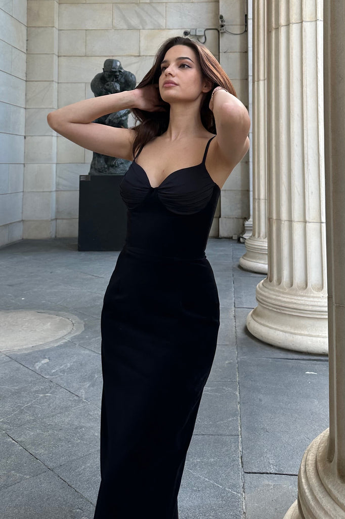 Frill Cups Velvet Midi Dress - POST MERIDIEM