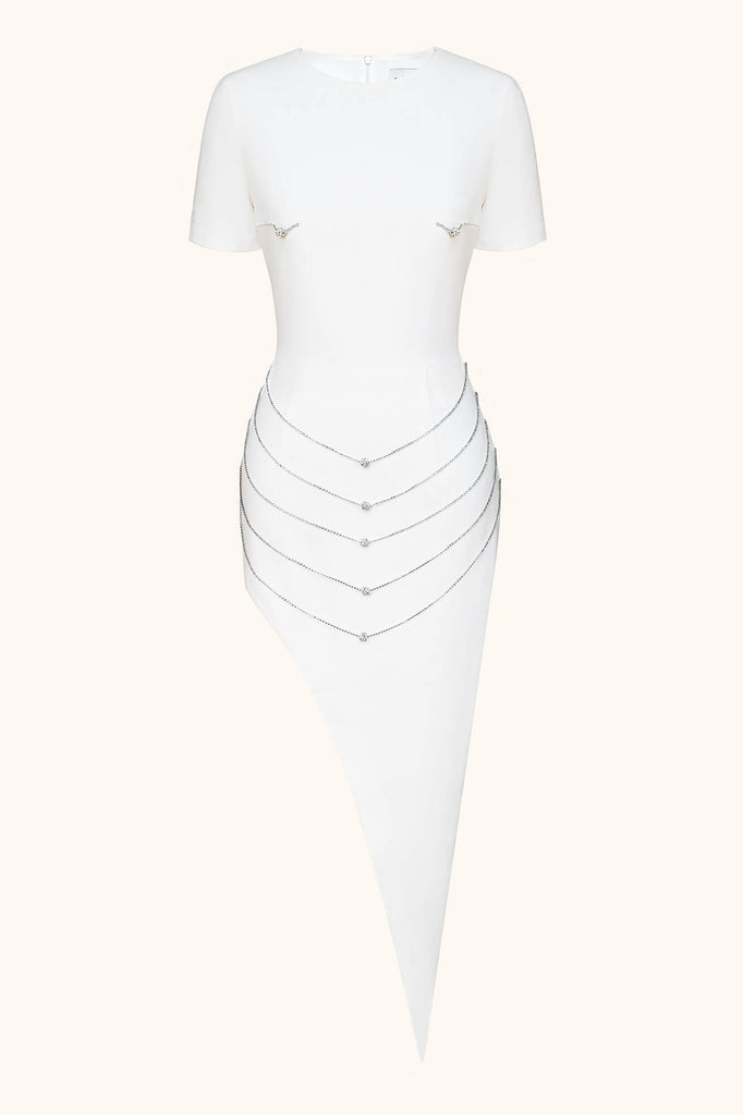 Short Sleeve Side Slit Asymmetric Midi Dress - POST MERIDIEM
