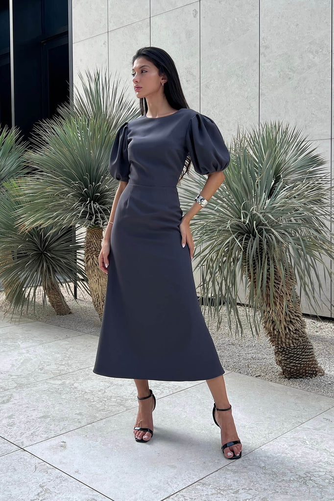 Godet Silhouette Puff Sleeve Midi Dress - POST MERIDIEM