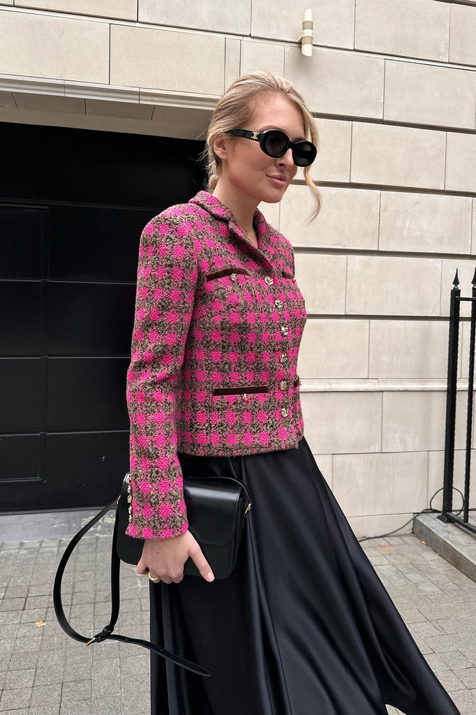 Single Breasted Velvet Trim Plaid Jacket - POST MERIDIEM