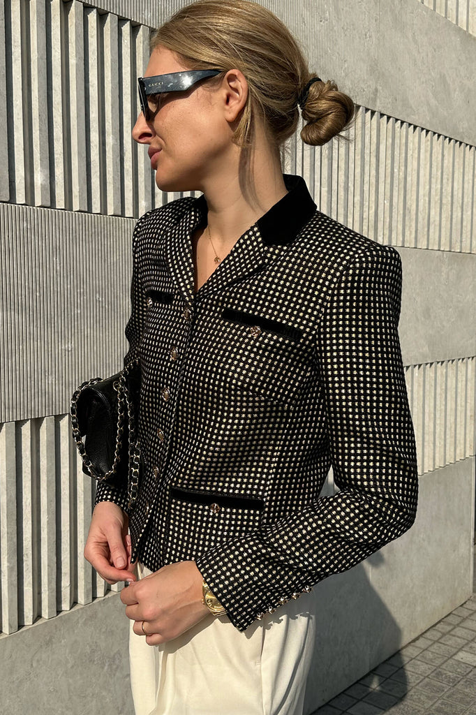 Single Breasted Velvet Trim Plaid Jacket - POST MERIDIEM