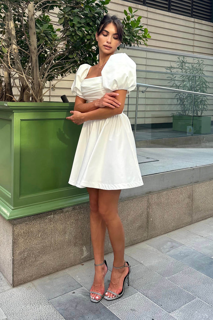 Puffy Sleeve Draped Bodice Mini Dress - POST MERIDIEM