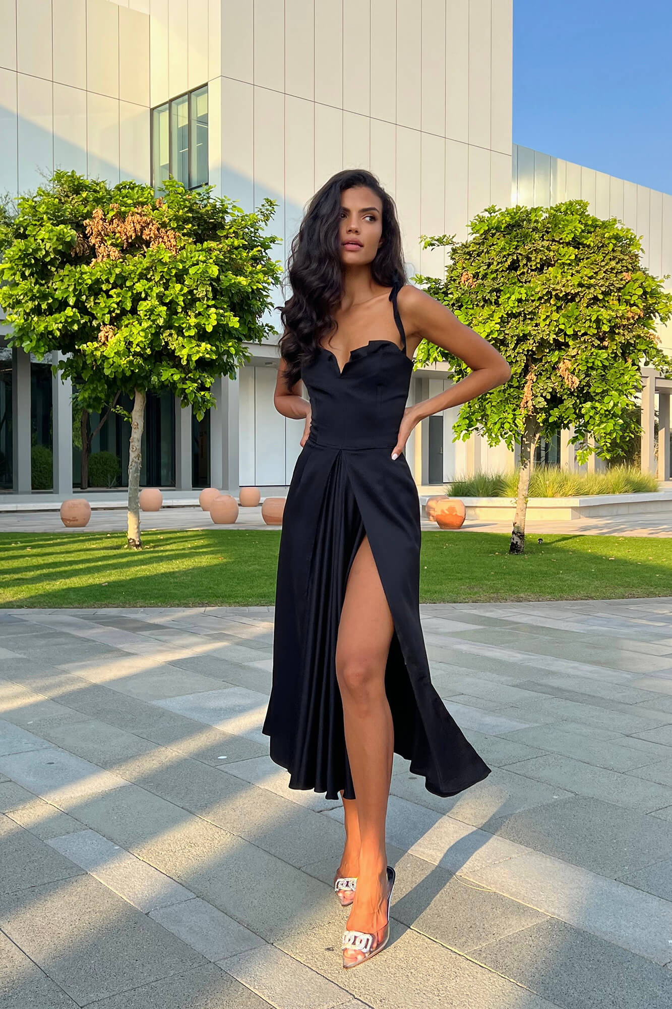 Flowy Slit Midi Dress XXS / Black Flowy Slit Midi Dress XXS / Black
