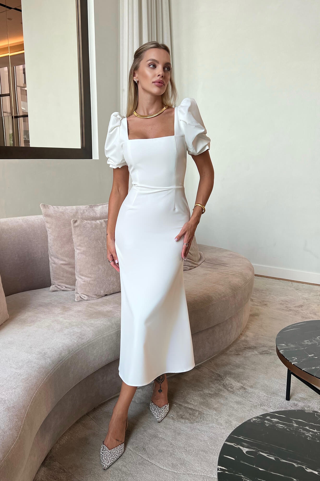 Godet Silhouette Square Neck Midi Dress – Post Meridiem