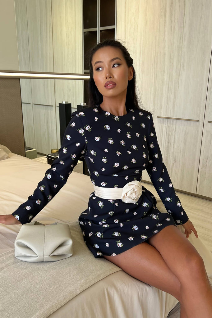 Long Sleeve Mini Dress with removable Rose belt - POST MERIDIEM