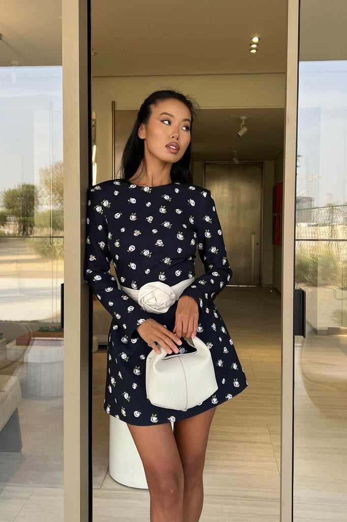 Long Sleeve Mini Dress with removable Rose belt - POST MERIDIEM