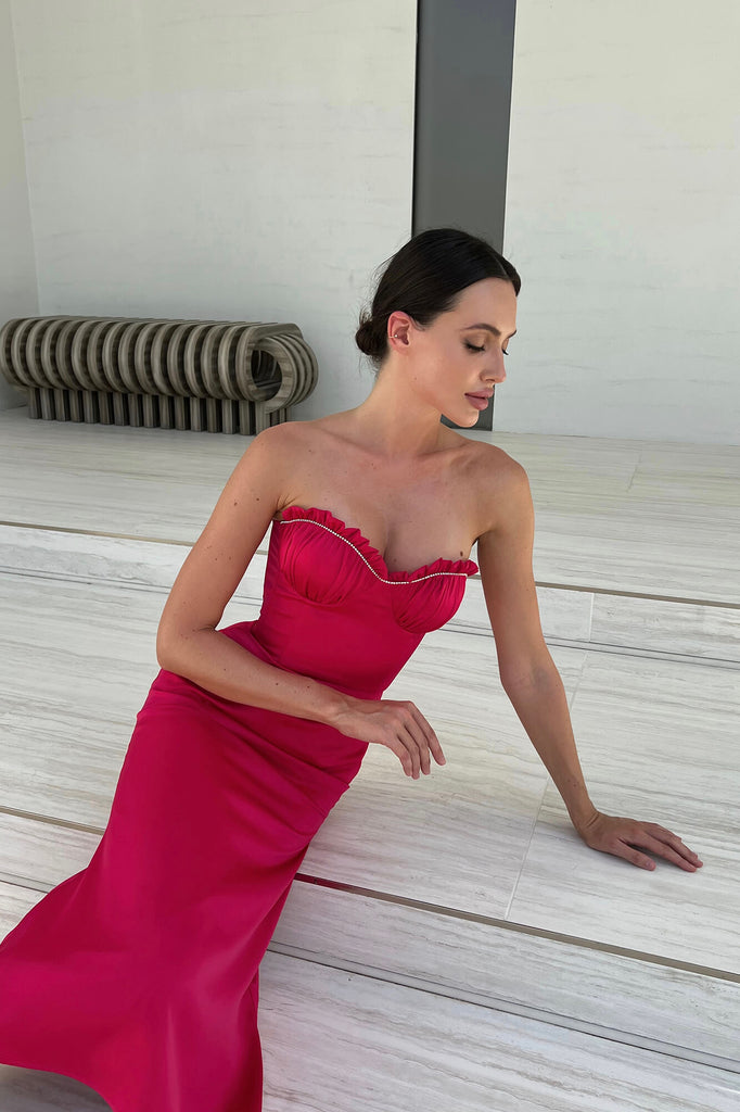 Bustier Draped Sequin Decorated Bodice Midi Dress - POST MERIDIEM