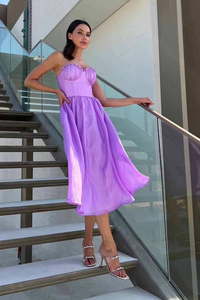 Draped Bodice Pleated Midi Dress - POST MERIDIEM