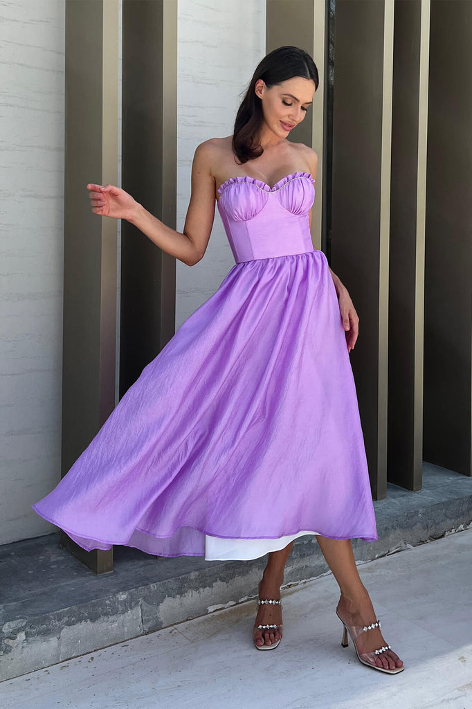 Draped Bodice Pleated Midi Dress - POST MERIDIEM