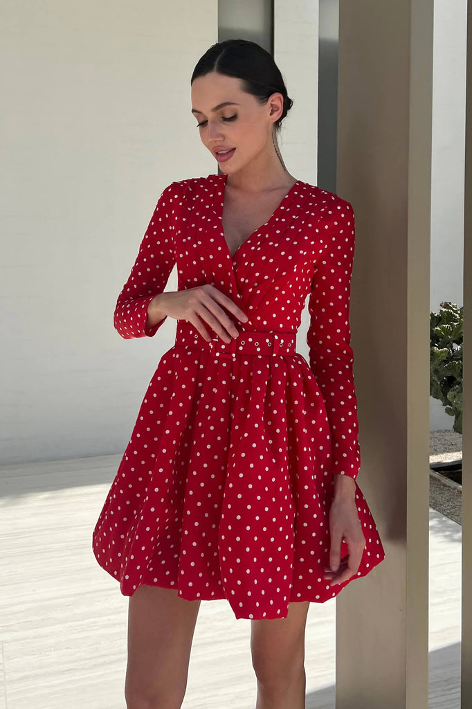 Long Sleeve Pleated Bodice Mini Belted Dress - POST MERIDIEM