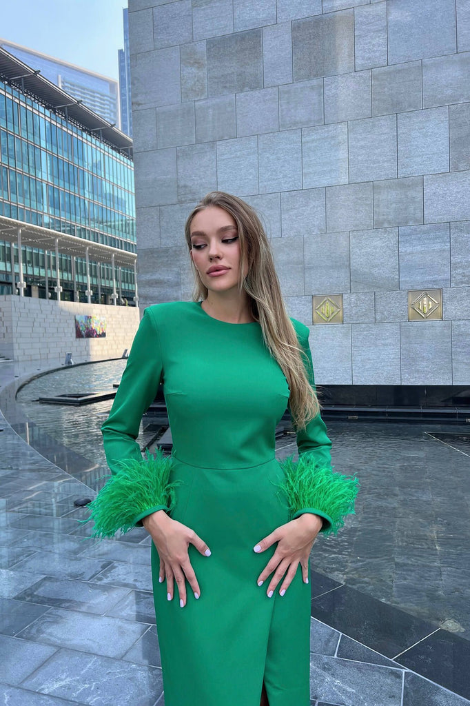 Wrap Feather Sleeve Midi Dress - POST MERIDIEM