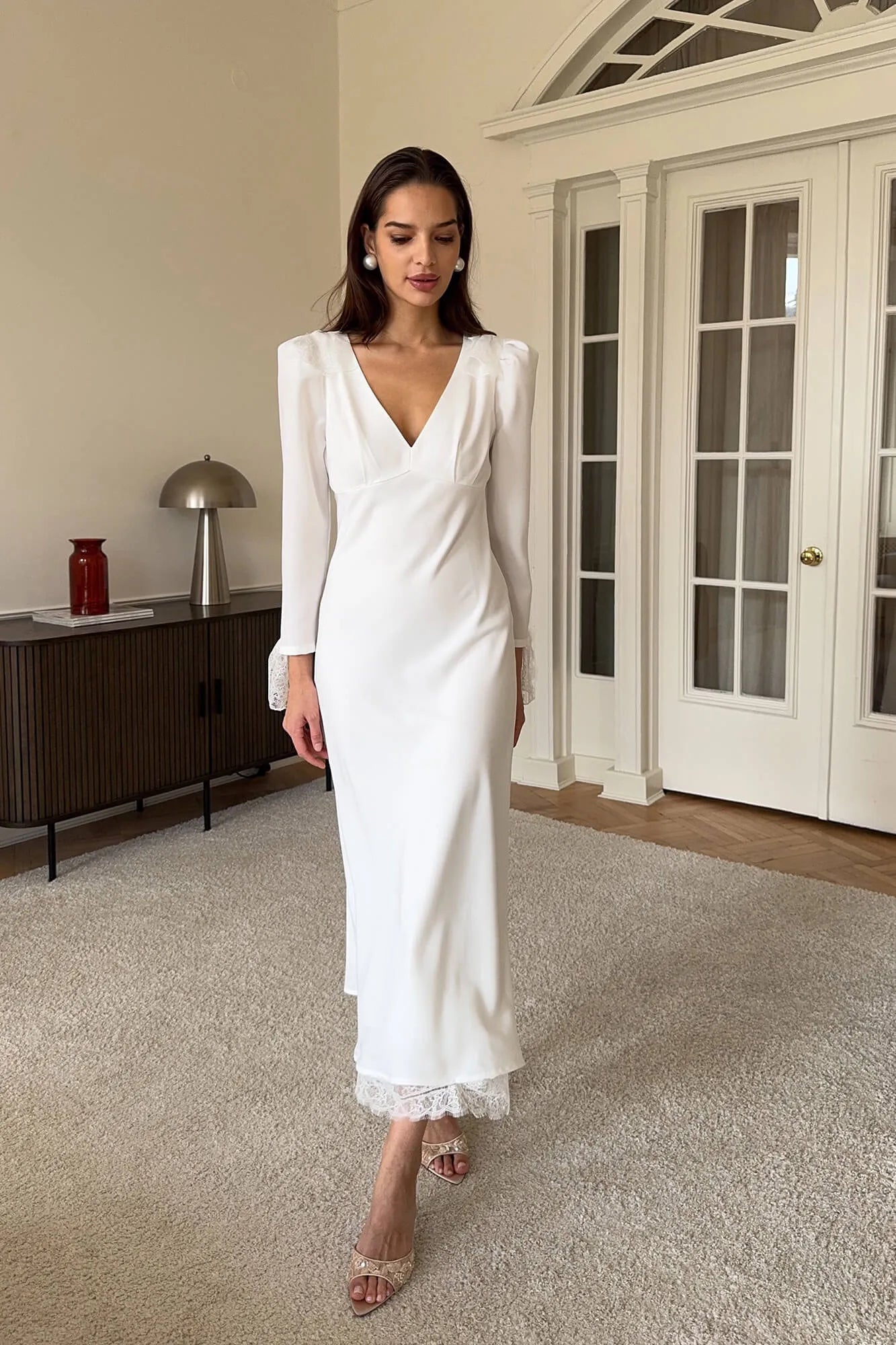 fitted midi wedding dress Stunning Midi Length Wedding Dress with a Flower Accent Medow – Wedding Roof main image 1