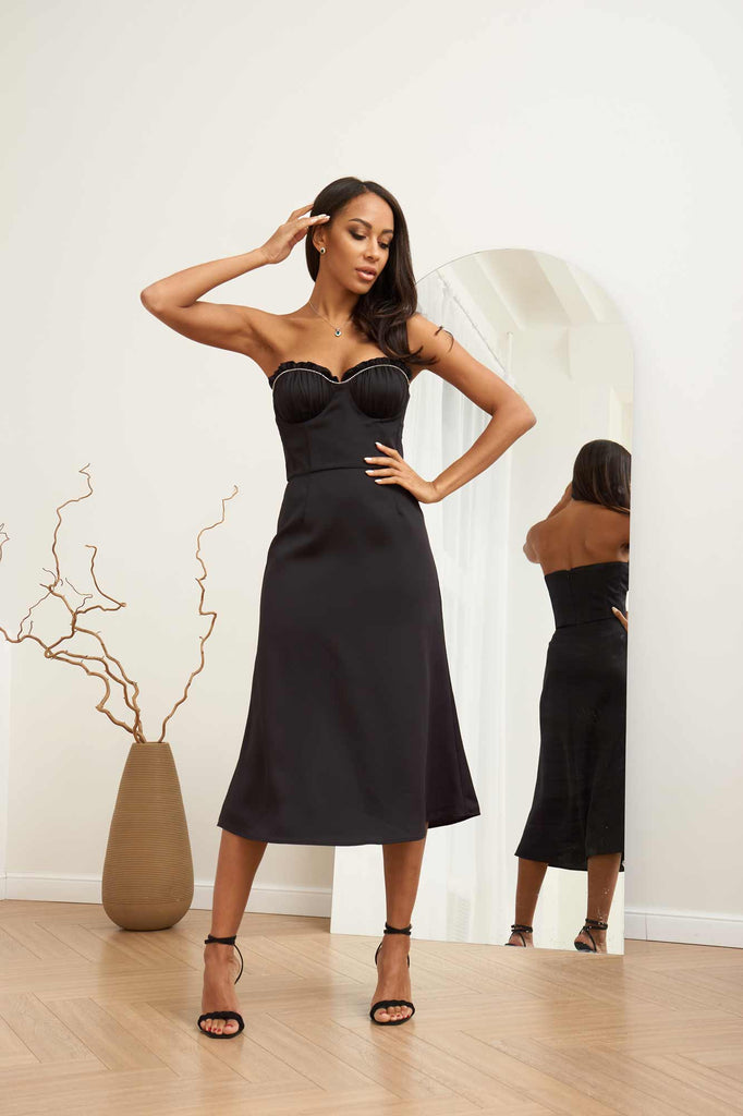 Bustier Draped Sequin Decorated Bodice Midi Dress - POST MERIDIEM