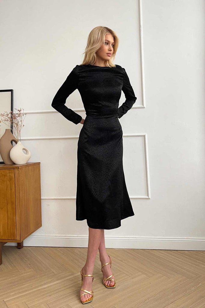 Godet Silhouette Long Sleeve Midi Dress - POST MERIDIEM