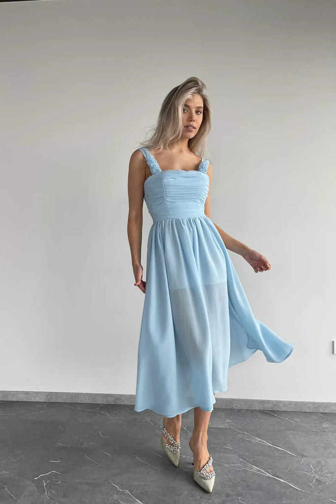 Draped Bodice Chiffon Midi Dress - POST MERIDIEM