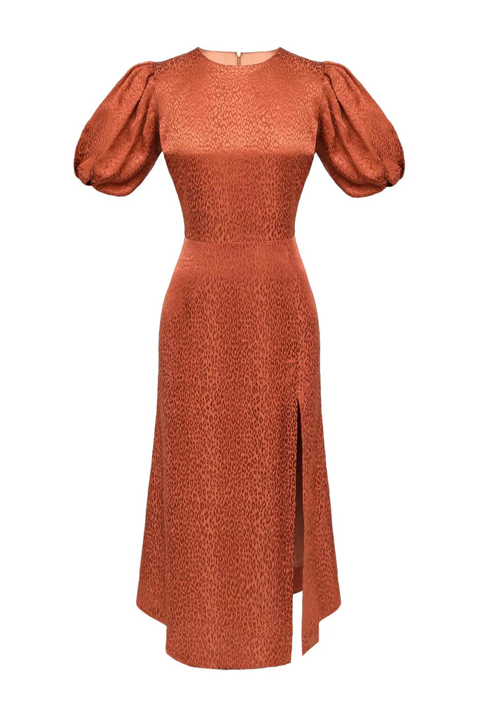 Viscose Puff Sleeve Slit Midi Dress - POST MERIDIEM