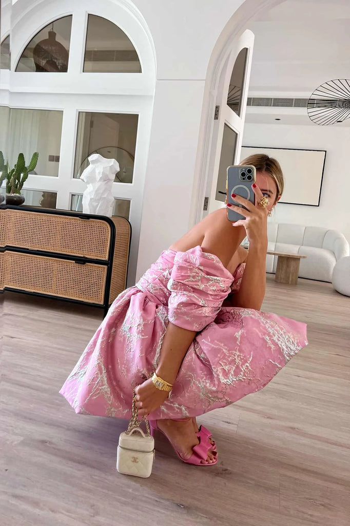 Draped Bodice Jacquard Mini Dress - POST MERIDIEM